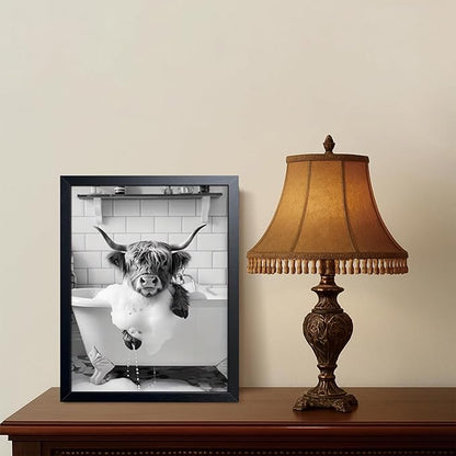 Highland Cow Bathroom Wall Art, Cute Black and White Animal Wall Decor Painting, Highland Cow in Bathtub Farmhouse Canvas Print Picture, Funny Bathroom Restroom Decor 16x24 Inch Wood Framed
