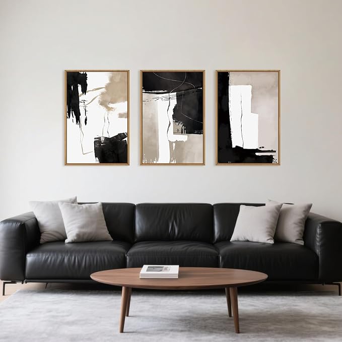 Celestdeco Black White Brown Framed Canvas Wall Art Set, Neutral Geometric Wall Decor, Modern Abstract Wall Painting, Minimalist Artworks for Living Room, Bedroom, Dining Room, Office-24 x36 x3