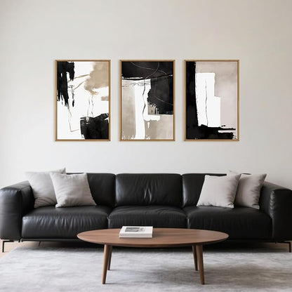 Celestdeco Black White Brown Framed Canvas Wall Art Set, Neutral Geometric Wall Decor, Modern Abstract Wall Painting, Minimalist Artworks for Living Room, Bedroom, Dining Room, Office-24 x36 x3