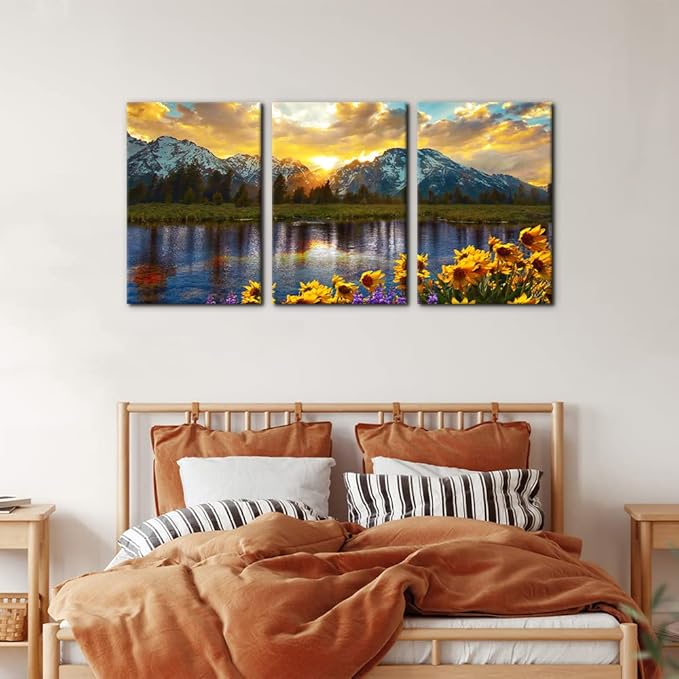 3 Pieces Mountain Canvas Wall Art for Living Room Nature Landscape Picture Sunflower Wall Decor for Bedroom Home Decoration Sunrise Grand Teton National Park Painting Framed Artwork - 16"x24"x3 Panels