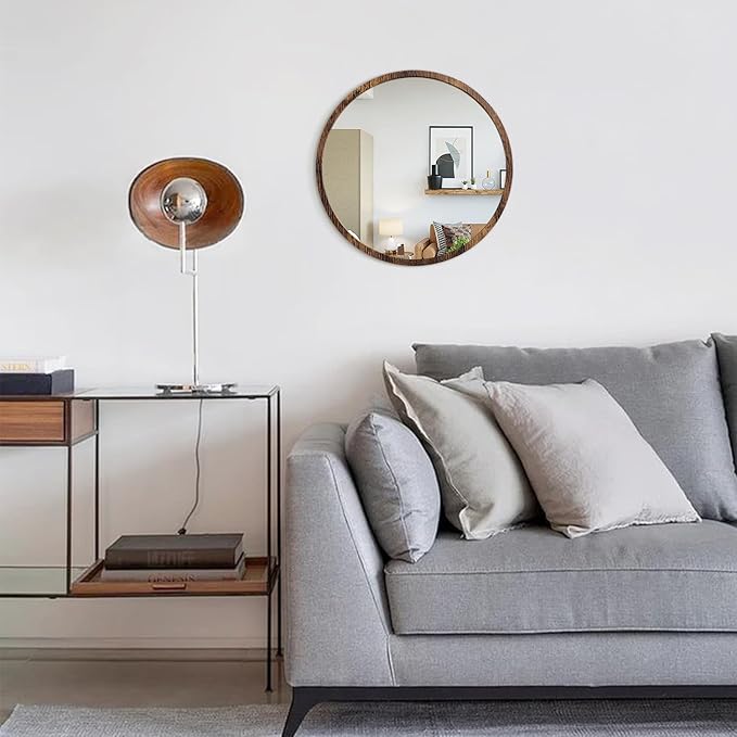 JJUUYOU Round Wall Mirror 16" Hanging Circle Mirror Round Mirrors for The Bathroom Wooden Farmhouse Frame Mirrors for Bedroom Living Room or Entryway Wall Decorative