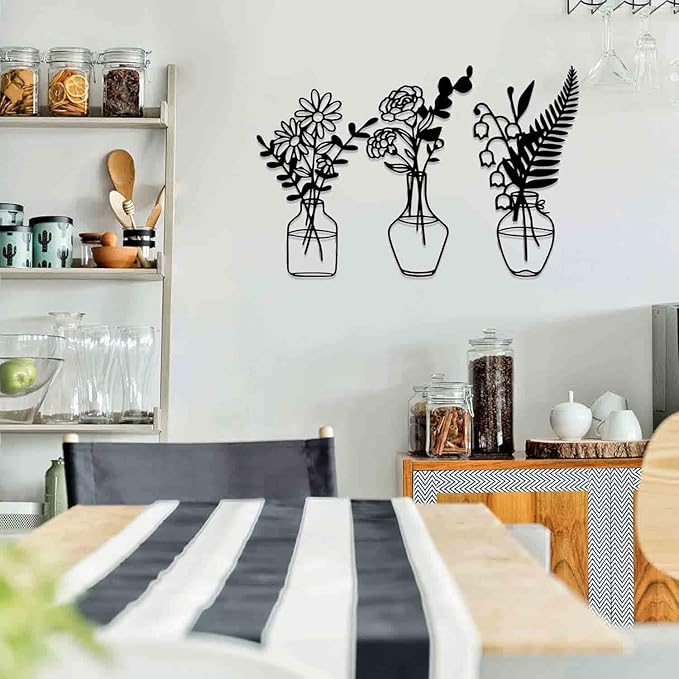 BFORXRO 3 Pieces Metal Flowers Wall Art Decor,Modern Farmhouse Black Wall Decor for New Home Bathroom Kitchen Living Room Bedroom Decoration Foliage