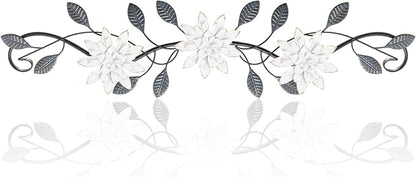 KHJCXS Metal Wall Art Modern Minimalist Metal Flowers Indoor Decor Horizontal Wall Art Iron Artwork,for Over Door,Bedroom,Living Room,Kitchen,Office Scroll Decor (White2)