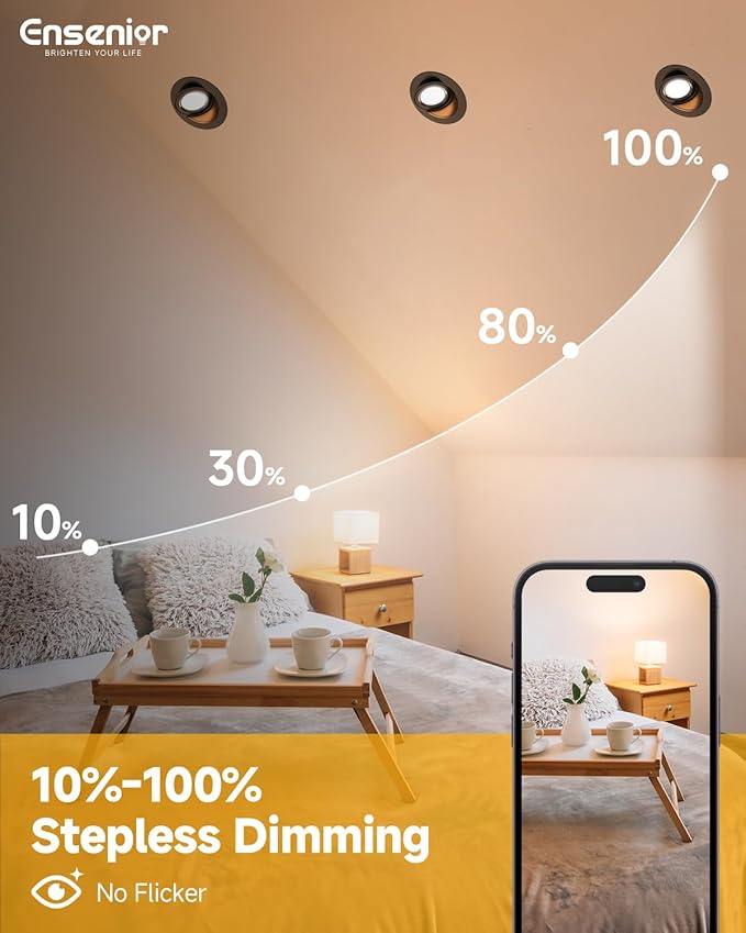 Ensenior 6 Pack 4 inch Black Gimbal Led Recessed Light, 5CCT 2700K-5000K, 360°+90° Adjustable, Dimmable, Aluminum, CRI90+, 900LM 9W 120V, Eyeball Recessed Lighting, Directional Can Light, ETL&FCC