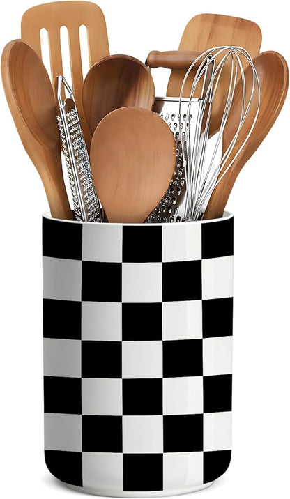 Checkered Utensil Holder,Ceramic Spatula Holder,Countertop Ceramic Utensil Holder,Large Cooking Utensil Crocks for Kitchen Counter Decor, Vase for Kitchen Utensils, H6.3 xD4.7(Black or white)