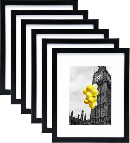 8x10 Picture Frame Set of 6, Display Pictures 5x7 with Mat or 8x10 Without Mat for Tabletop Display and Wall Mounting, Black