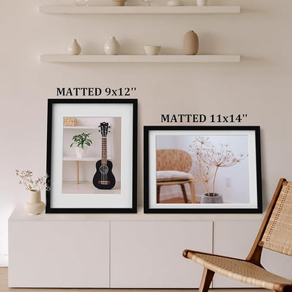 Egofine 12x16 Picture Frames 4PCS Covered by Plexiglass, Made of Solid Wood, Display Pictures 9x12/11x14 with Mat or 12x16 Without Mat for Wall Mounting, Black with Texture
