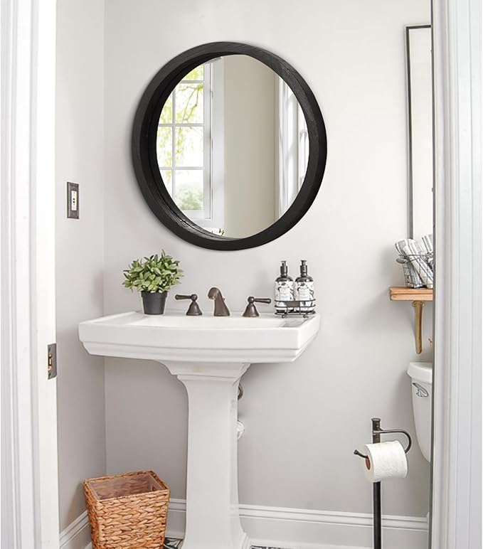 JJUUYOU Round Wall Mirror Circular Wall Mounted Mirror for Bathroom Large Circle Black Mirror for Decor Wooden Make up Mirror for Farmhouse Living Room Bedroom 20Inch