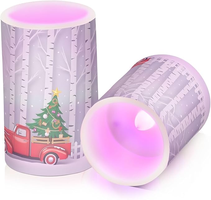 Winter Season with Red Truck Carry Christmas Tree Flickering Flameless Candles Battery Operated with Remote Timer,Tea Light Candles LED Pillar Votive Candles set of 2 for Outdoor Indoor Decorations