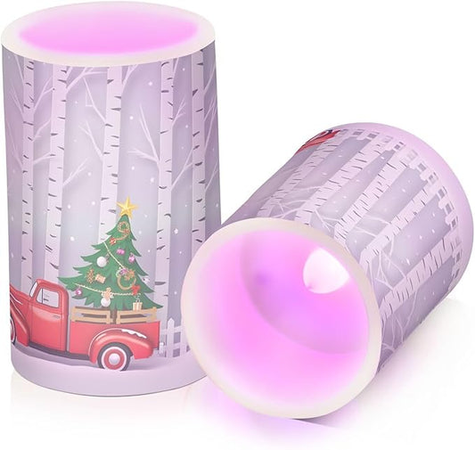 Winter Season with Red Truck Carry Christmas Tree Flickering Flameless Candles Battery Operated with Remote Timer,Tea Light Candles LED Pillar Votive Candles set of 2 for Outdoor Indoor Decorations