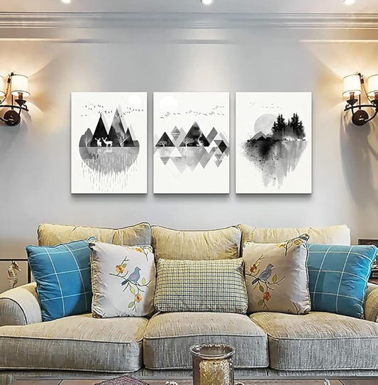 hyidecorart Canvas Wall Art For Living Room Wall Decor For Bedroom Office Decoration Black And White Abstract Wall Painting Geometry Mountain Prints Wall Pictures Artworks Room Home Decor 3 Piece