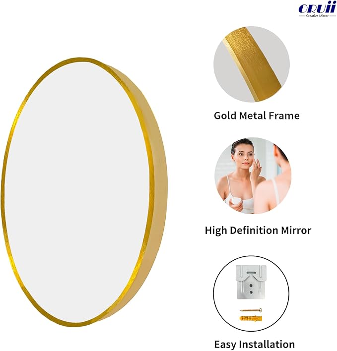 Oruii Gold Round Mirror 28 inch, Large Golden Circle Mirror Metal Frame, Large Brass Circular Mirrors for Living Room, Dining Room, Entryway, Hallway, Foyer, Bathroom, Wall