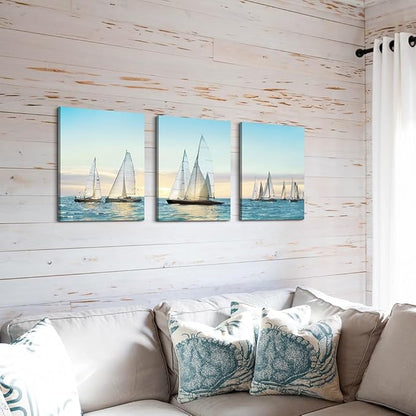 Hardy Gallery sailboat wall art coastal pictures: nautical wall decor sailing artwork blue ocean print in canvas painting for bathroom 12" x 16" x 3 panels