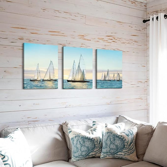 Hardy Gallery sailboat wall art coastal pictures: nautical wall decor sailing artwork blue ocean print in canvas painting for bathroom 12" x 16" x 3 panels