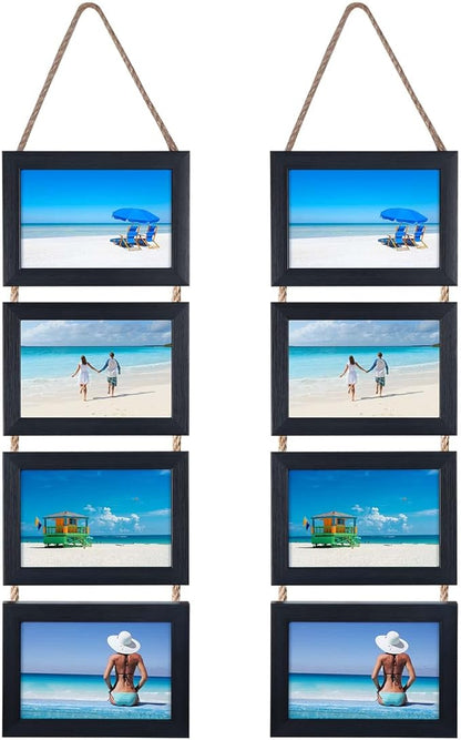 Lavezee 4x6 Hanging Collage Picture Frames Set of 2, Black 8 Opening Horizontal Frame Made to Display 4 x 6 Inch Photo for Wall Decor