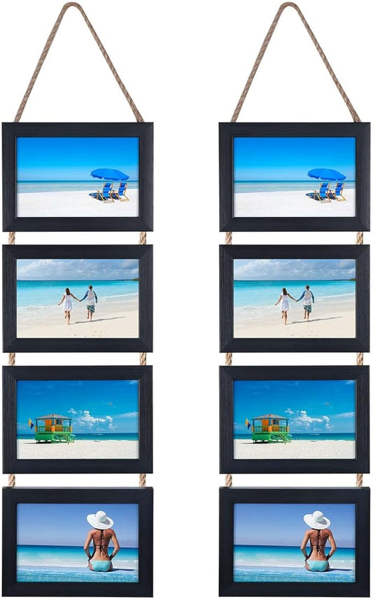 Lavezee 4x6 Hanging Collage Picture Frames Set of 2, Black 8 Opening Horizontal Frame Made to Display 4 x 6 Inch Photo for Wall Decor