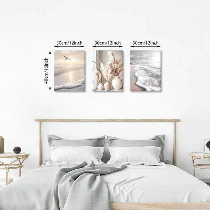 3 Pcs Beach Seaside Wall Art for Bedroom, Modern Beige Reeds Botanical Wall Picture Aesthetic Nature Coastal Sunset Landscape Wall Painting Poster Art Prints for Bedroom Office Home Decor 16"x24"x3Pcs