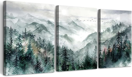 TTHYUEWS Wall Decor For Living Room 3 Piece Canvas Art Prints Wall Art For Bedroom Office Decor Mountain Forest Landscape Wall Pictures Watercolour Paintings Artwork Ready To Hang Home Decoration