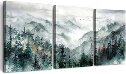 TTHYUEWS Wall Art for Bedroom Wall Decor for Living Room Office Decor Mountain Forest Landscape Wall Pictures Watercolour Paintings Artwork 3 Piece Canvas Art Prints Ready To Hang Home Decoration