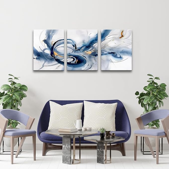 TTHYUEWS Abstract Minimalist Art - Large Canvas Wall Art for Living Room, Bedroom & Office - Blue Ink Paintings - 3 Pieces