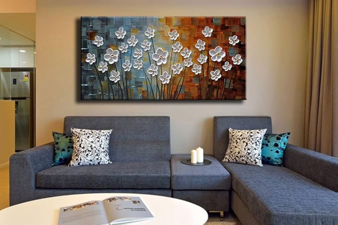 YaSheng Art - 100% Hand painted Contemporary Art Oil painting On Canvas white Flowers Abstract Paintings Modern Home Decor Wall Art for living room Bedroom Framed Ready to Hang 20x40inch