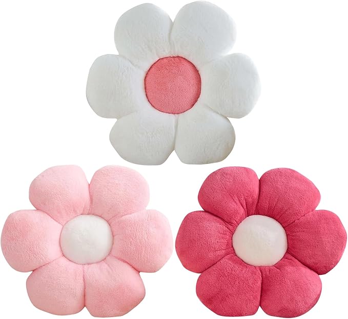 CANGHI 3 PCS Flower Pillows Flower Shaped Throw Pillow Cute Daisy Pillows Seating Cushions for Adults Kids Home Bedroom Sofa Chair Couch Decor (White Pink/Pink/Hot Pink, 15.74 inch)