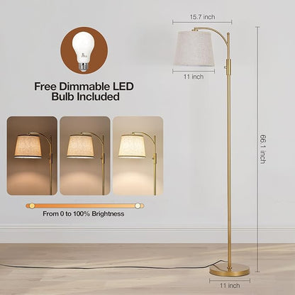 AIDENOEY Fully Dimmable Floor Lamp for Living Room，Standing Lamp Rotary Switch with Linen Beige Shade，Golden Tall Lamps for Bedroom with Adjust Head，9W LED Bulb Included
