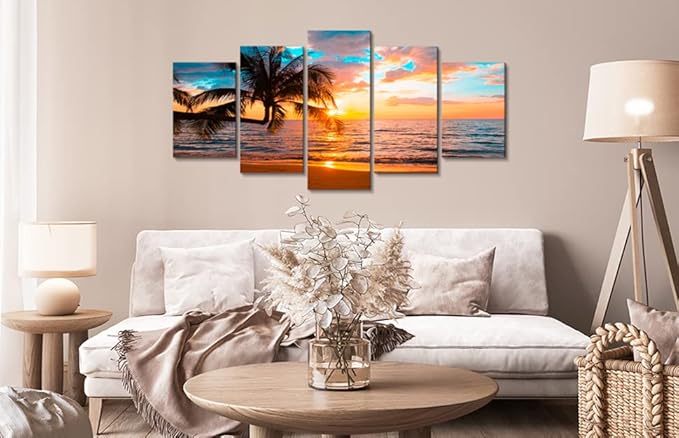 Abstract Framed Canvas Wall Art Art - Ocean Beach Sea Photo Strenth Framed Wall Art,Abstract Landscape Blue Sky Beach pictures Wall Art Canvas Print for Room Home Decorations (C-5pcs,60"x30")