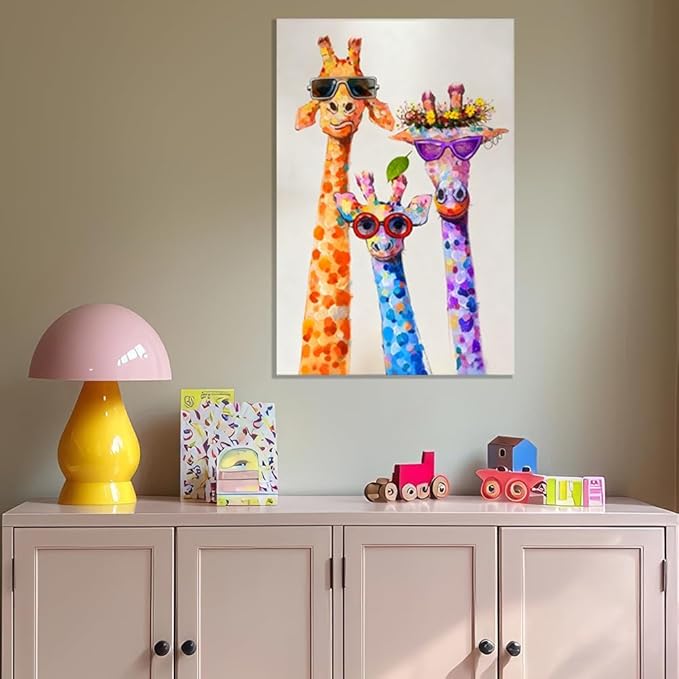 16x24 Graffiti Giraffe Family Canvas Wall Art, Colorful Framed Animal Prints with Sunglasses & Balloon, Funny Lovely Artwork for Kids, Teen Boys Girls, Nursery Bedroom & Living Room Home Decor