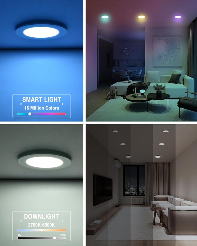 12Pack Smart LED RGB Recessed Lighting 4Inch,Color Changing Canless Downlight,2700K-6500K, 2.4GHz Wi-Fi & Bluetooth,9W 2640lm,Works with Tuya App,Alexa & Google Assistant,Gateway Included