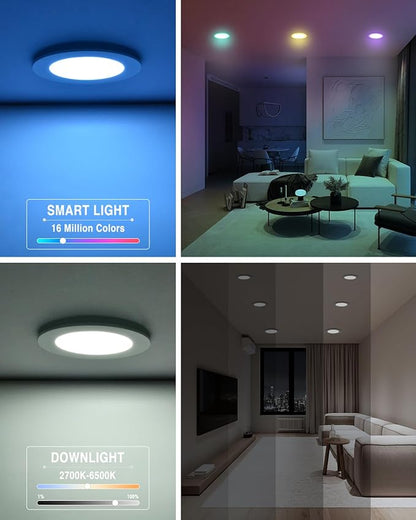 12Pack Smart LED RGB Recessed Lighting 4Inch,Color Changing Canless Downlight,2700K-6500K, 2.4GHz Wi-Fi & Bluetooth,9W 2640lm,Works with Tuya App,Alexa & Google Assistant,Gateway Included