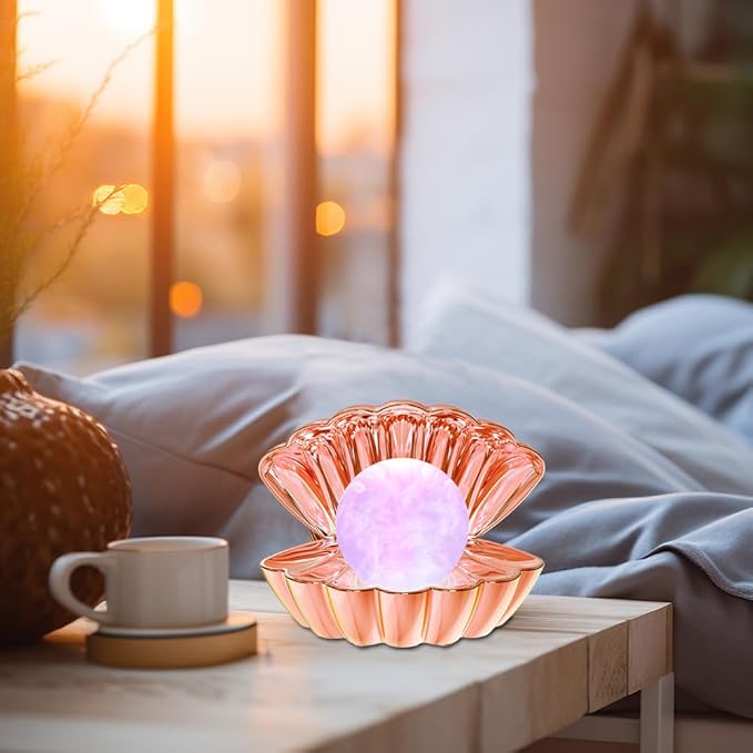 LKUA Shell Pearl Beach Themed Night Light, RGB 8 Colors Changing Mood Shell Pearl Lamps, Bedside LED Clamshell Portable Night Lights for Bar (Electroplated Rose Gold)
