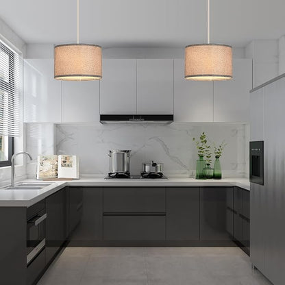 2 Pack Plug in Pendant Light, Hanging Light with 15Ft Clear Cord, On/Off Switch, Grey Fabric Lamp Shade, Hanging Light Fixture for Bedroom, Kitchen, Living Room, Dining Table