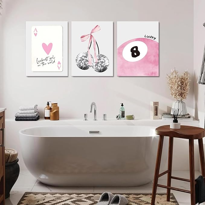 JBZZD Pink Coquette Canvas Wall Art Set of 3 Trendy Preppy Disco 8 Ball Cherry Wall Decor Posters Room Decor Prints Pictures for College Apartment Girls Bedroom Living Room Framed 16x24 In