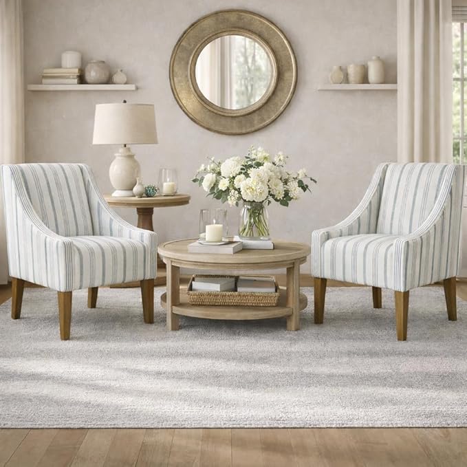 Homepop Home Decor Upholstered Classic Swoop Arm Accent Chair Accent Chairs for Living Room & Bedroom Decorative Home Furniture, Ivory & Gray Stripe