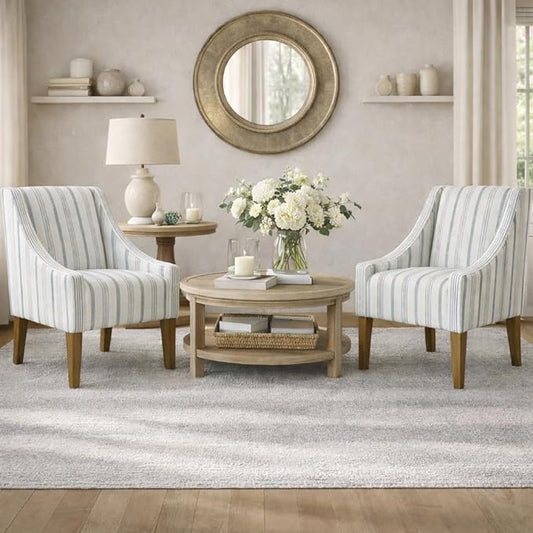 Homepop Home Decor Upholstered Classic Swoop Arm Accent Chair Accent Chairs for Living Room & Bedroom Decorative Home Furniture, Ivory & Gray Stripe