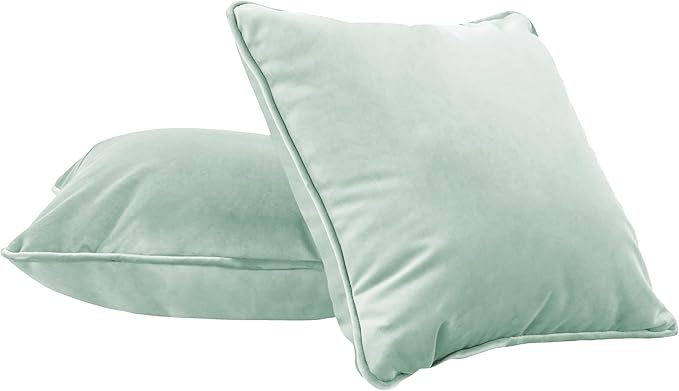 FDP 15" x 15" Velvet Square Pillow Set with Piping; Decorative Throw Pillow for Home Décor in Living Room, Bedroom or Lounge (2-Pack) - Aloe, 15157-347