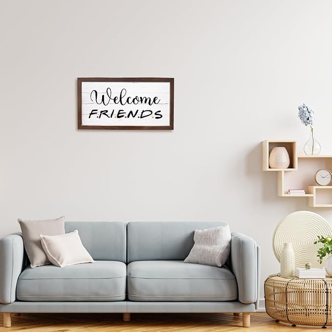 Welcome Friends Sign, Front Door Sign, Welcome Decoration for Porch, Entryway Decors, Rustic Home Party Decor, Wall Decor Art, Wooden Framed Wall Plaque, 15×7.5×0.3 inches