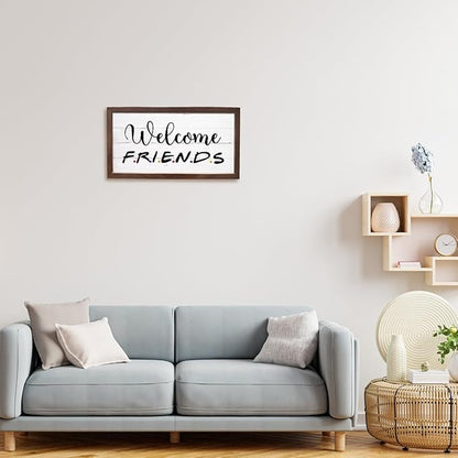 Welcome Friends Sign, Front Door Sign, Welcome Decoration for Porch, Entryway Decors, Rustic Home Party Decor, Wall Decor Art, Wooden Framed Wall Plaque, 15×7.5×0.3 inches