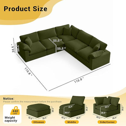 Cloud Modular Couch for Living Room,5 Seat V Shape Linen Blend Sofas,Modern Deep Seat Cloud Sofas,Convertible Comfort Down Filled Sectional Couches,Removable Washable Cushion Covers,Green