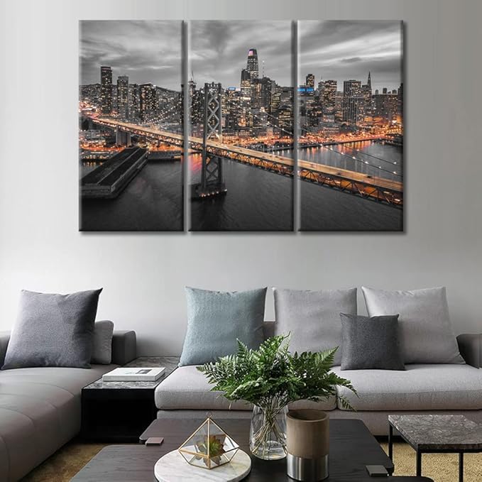 TUMOVO 3 Piece American Cityscape Wall Art for Living Room Cityscape View of San Francisco and the Bay Bridge at Night California Wall Decor for Bedroom Framed Ready to Hang (60" Wx40 H)