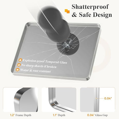 NEWBULIG 32X40 Inch Bathroom Mirror for Over Sink, Wall Vanity Mirrors Tempered Glass, Anti-Rust Metal Framed Rounded Rectangle, Hangs Horizontally or Vertically, Farmhouse Home Decor, Silvery