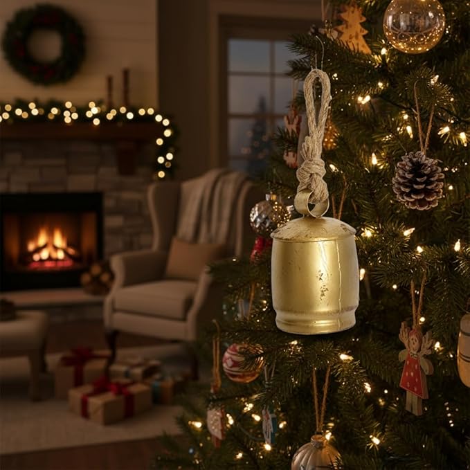 Handmade Vintage Gold Metal Cow Bell Ornament, 5 Inch Rustic Farmhouse Hanging Bell with Jute Rope, Distressed Antique Bell for Door Handles, Wreaths, Wall Hooks, Mantels & Porch Décor