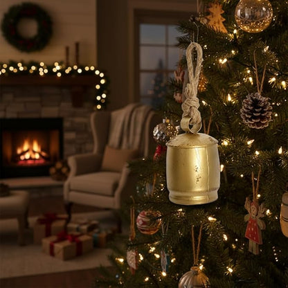Handmade Vintage Gold Metal Cow Bell Ornament, 5 Inch Rustic Farmhouse Hanging Bell with Jute Rope, Distressed Antique Bell for Door Handles, Wreaths, Wall Hooks, Mantels & Porch Décor