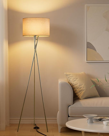 Lightdot 62IN Tripod Floor Lamps for Living Room, Modern Standing Lamp with Off-White Fabric Shade, Mid Century Industrial Standing Tall Lamp for Bedroom, Home Office-Gold