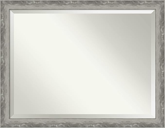 Amanti Art Silver Bathroom Mirror for Over Sink, 35x45 Waveline Silver Narrow Rectangle Vanity Mirror, X-Large Casual Frame, Hangs Horizonally and Vertically, Bathroom Wall Decor, Beveled Edge
