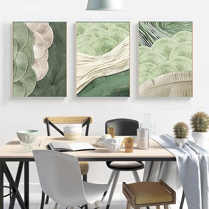 3Pcs Abstract Green Wall Art Mid Century Texture Wall Decor Posters Pictures Modern Minimalist Sage Green Ginkgo Leaf Canvas Paintings Prints for Bedroom Living Room Decoration Unframed