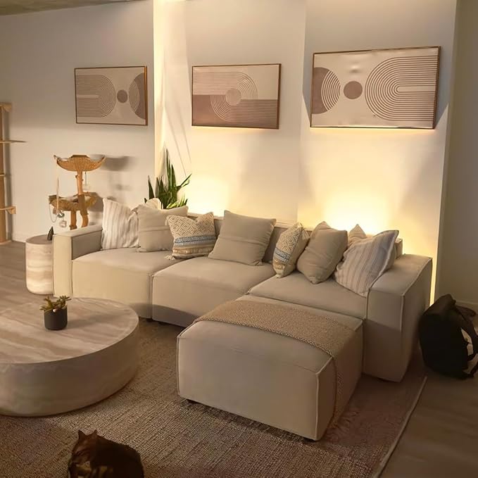 Acanva Luxury Modular Sectional Living Room Sofa Set, Modern Minimalist Style Couch with Ottoman and Chaise, L-Shape, Linen-Like Cream | Minimalist Style