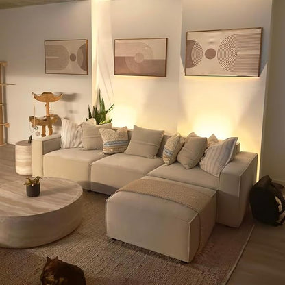 Acanva Luxury Modular Sectional Living Room Sofa Set, Modern Minimalist Style Couch with Ottoman and Chaise, L-Shape, Linen-Like Cream | Minimalist Style