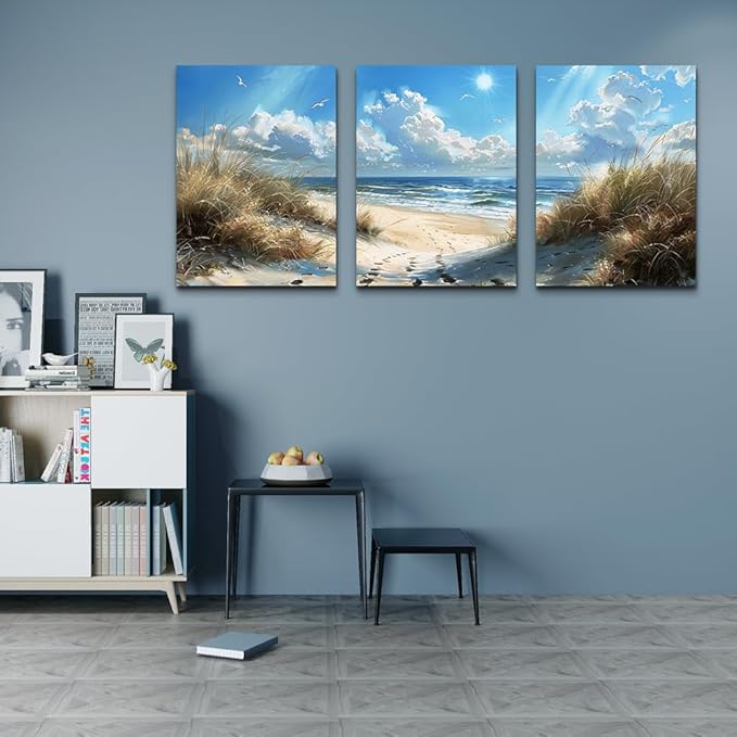 TTHYUEWS Large Canvas Wall Art for Living Room & Bedroom - Blue Ocean Beach Scene with Sea Waves - 3 Piece Set Ready to Hang - Modern Home Decor
